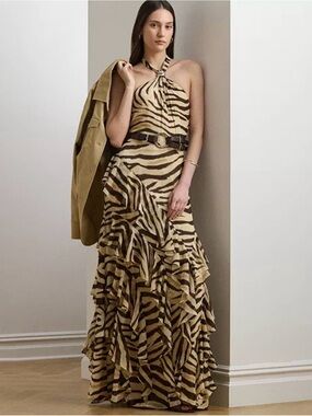 Lauren Ralph Lauren One-Shoulder Zebra-Print Maxi Dress - Beige/Black